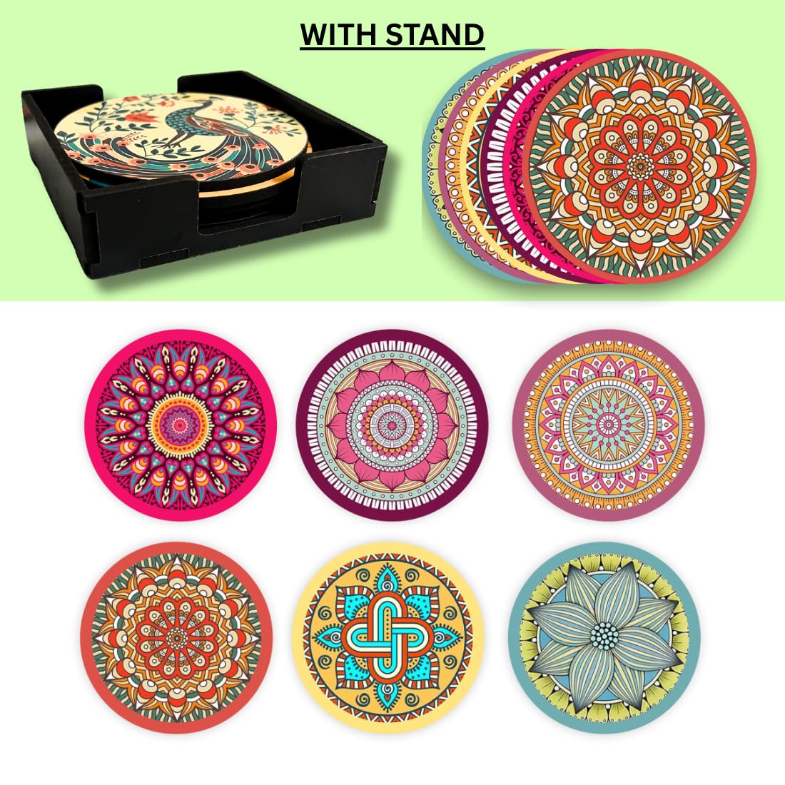 Mandala MDF Printed Coasters Set of 6 with Holder | Waterproof & Durable