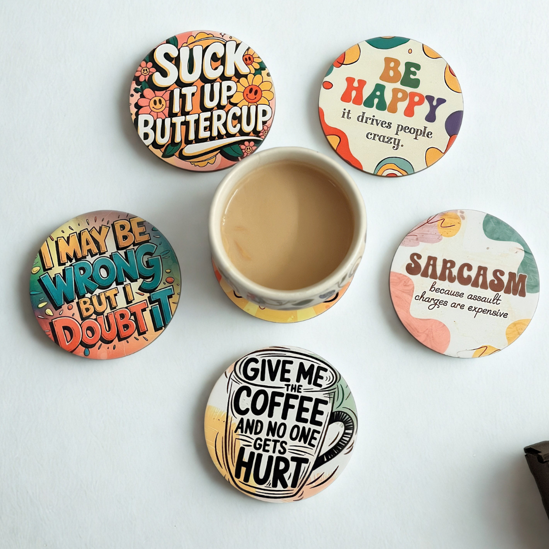 Sarcastic MDF Printed Coasters Set of 6 with Holder | Waterproof & Durable
