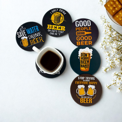Beer Theme MDF Printed Coasters Set of 6 with Holder | Waterproof & Durable