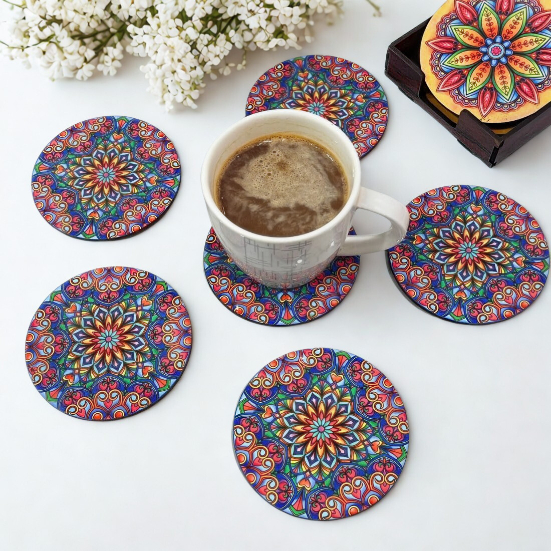 Purple Mandala MDF Printed Coasters Set of 6 with Holder | Waterproof & Durable