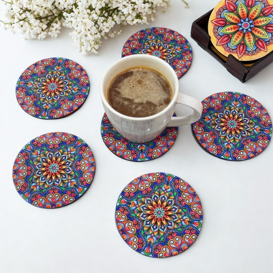 Purple Mandala MDF Printed Coasters Set of 6 with Holder | Waterproof & Durable