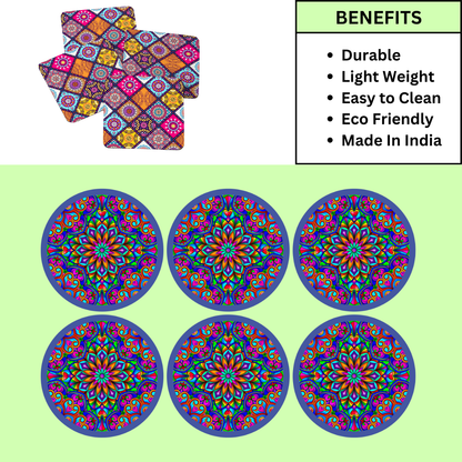 Purple Mandala MDF Printed Coasters Set of 6 with Holder | Waterproof & Durable