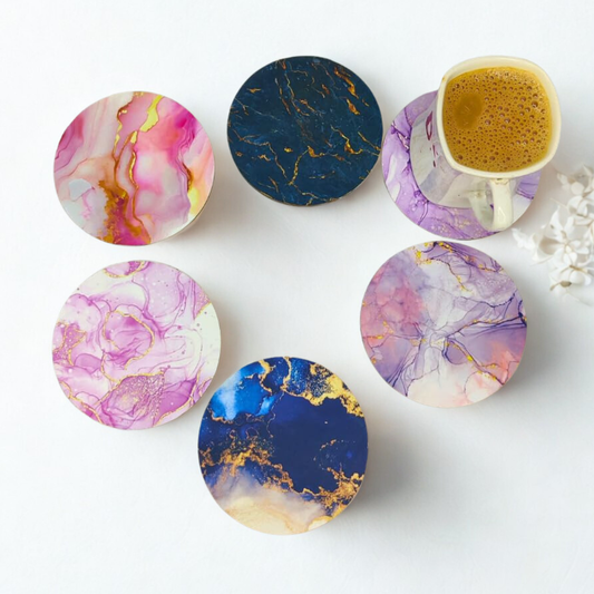 Marble MDF Printed Coasters Set of 6 with Holder | Waterproof & Durable