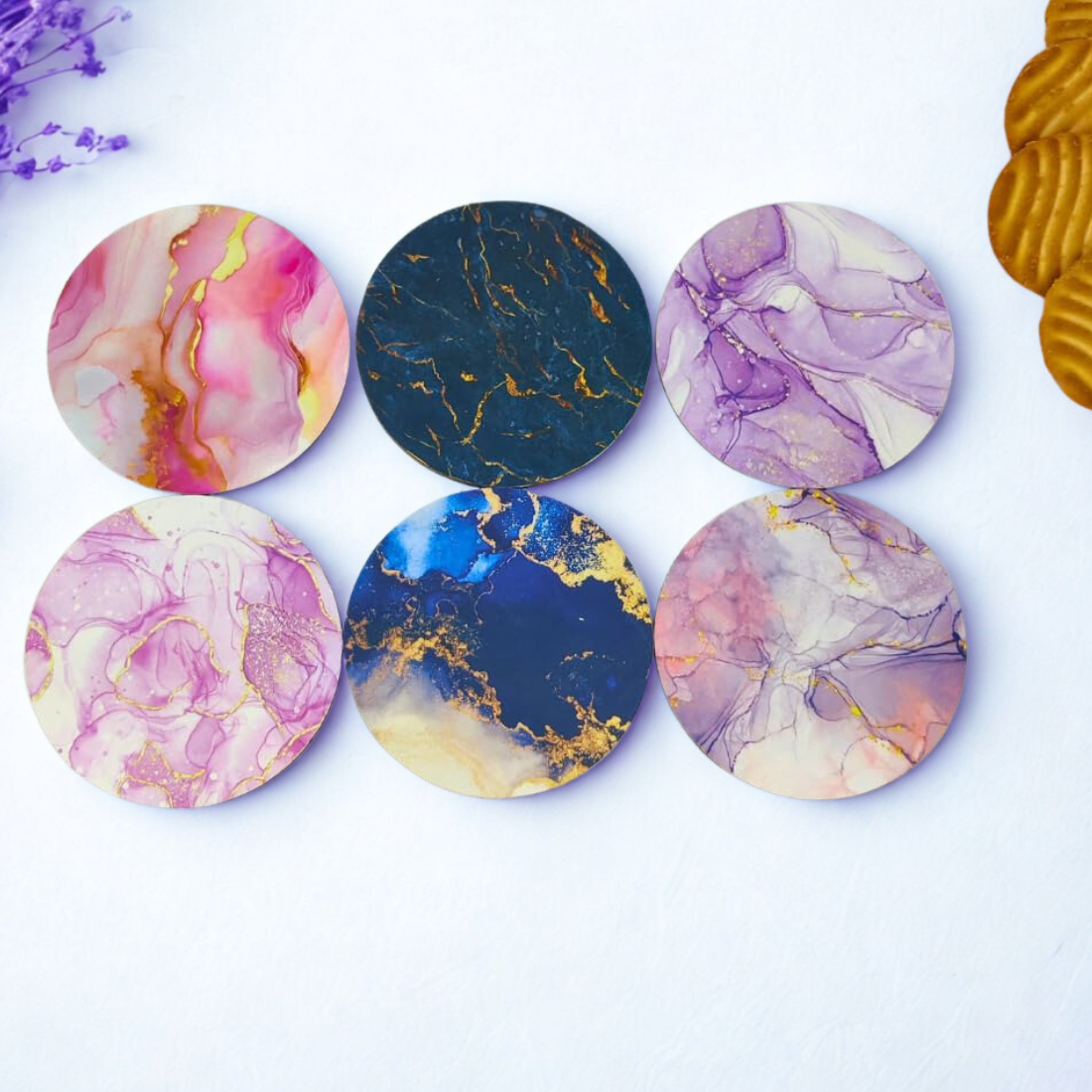 Marble MDF Printed Coasters Set of 6 with Holder | Waterproof & Durable