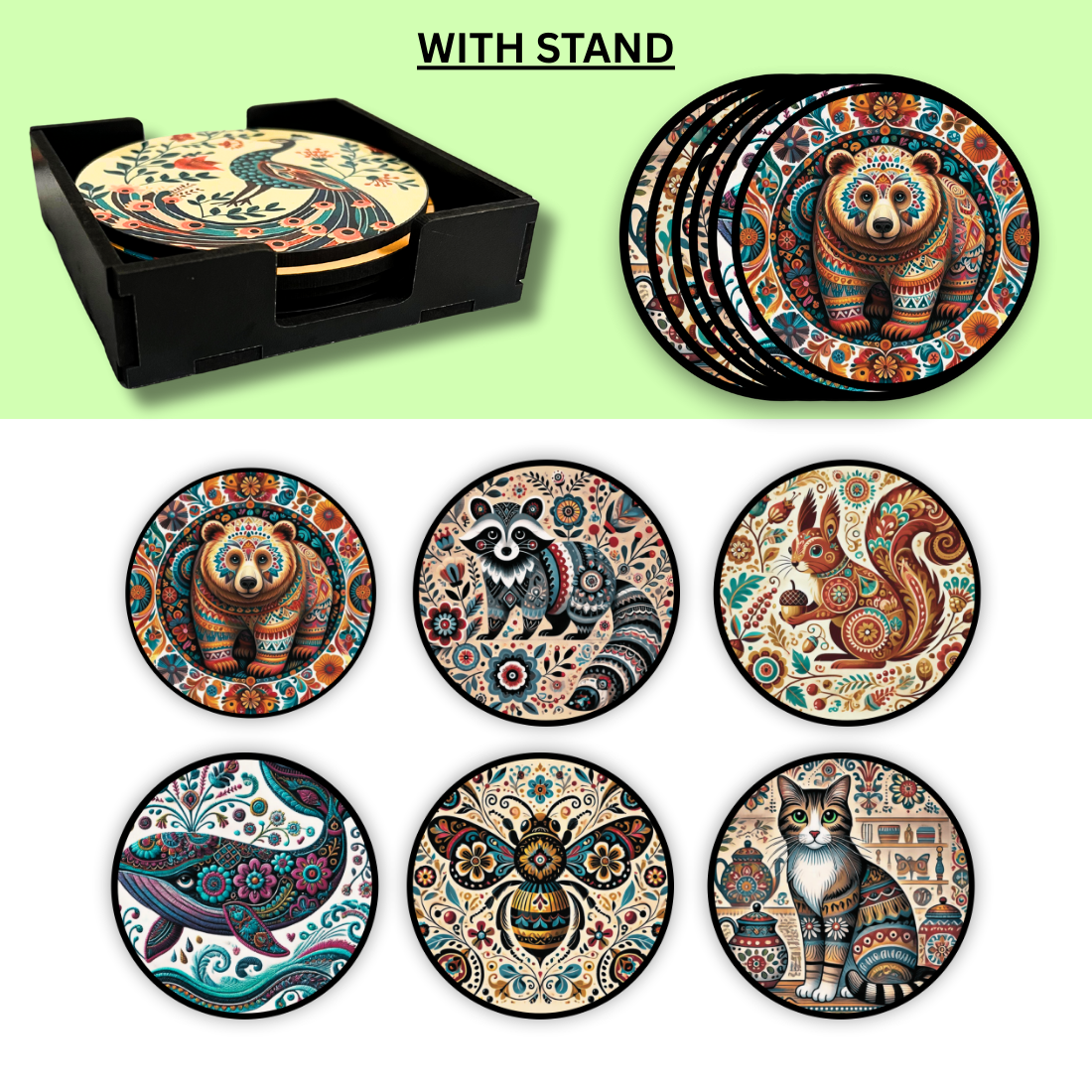 Animal MDF Printed Coasters Set of 6 with Holder | Waterproof & Durable