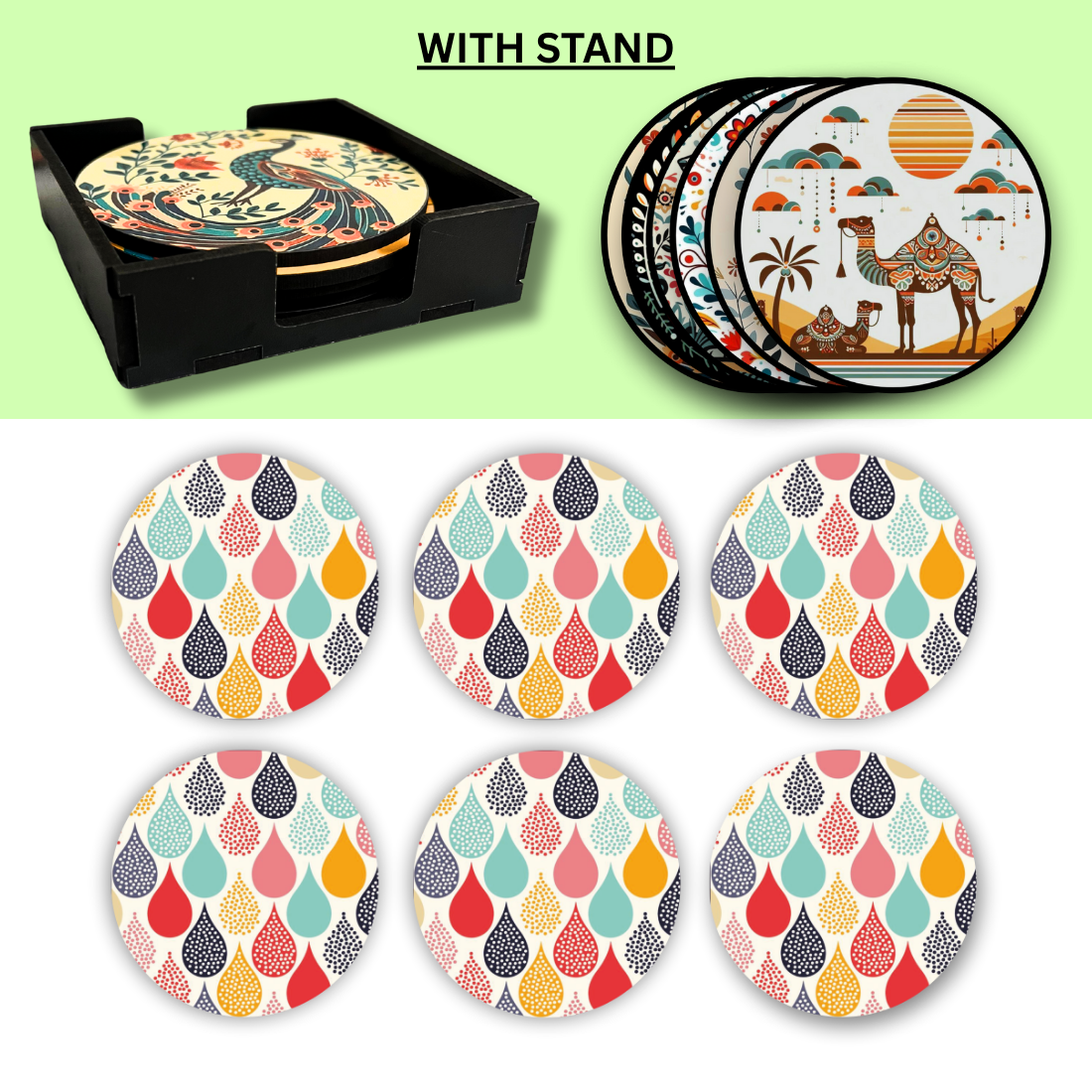 Water Drops MDF Printed Coasters Set of 6 with Holder | Waterproof & Durable