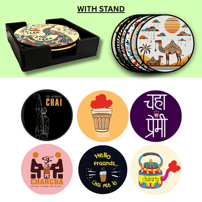 Chai Theme MDF Printed Coasters Set of 6 with Holder | Waterproof & Durable