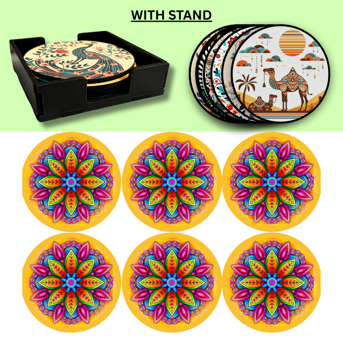 Mandala MDF Printed Coasters Set of 6 with Holder | Waterproof & Durable