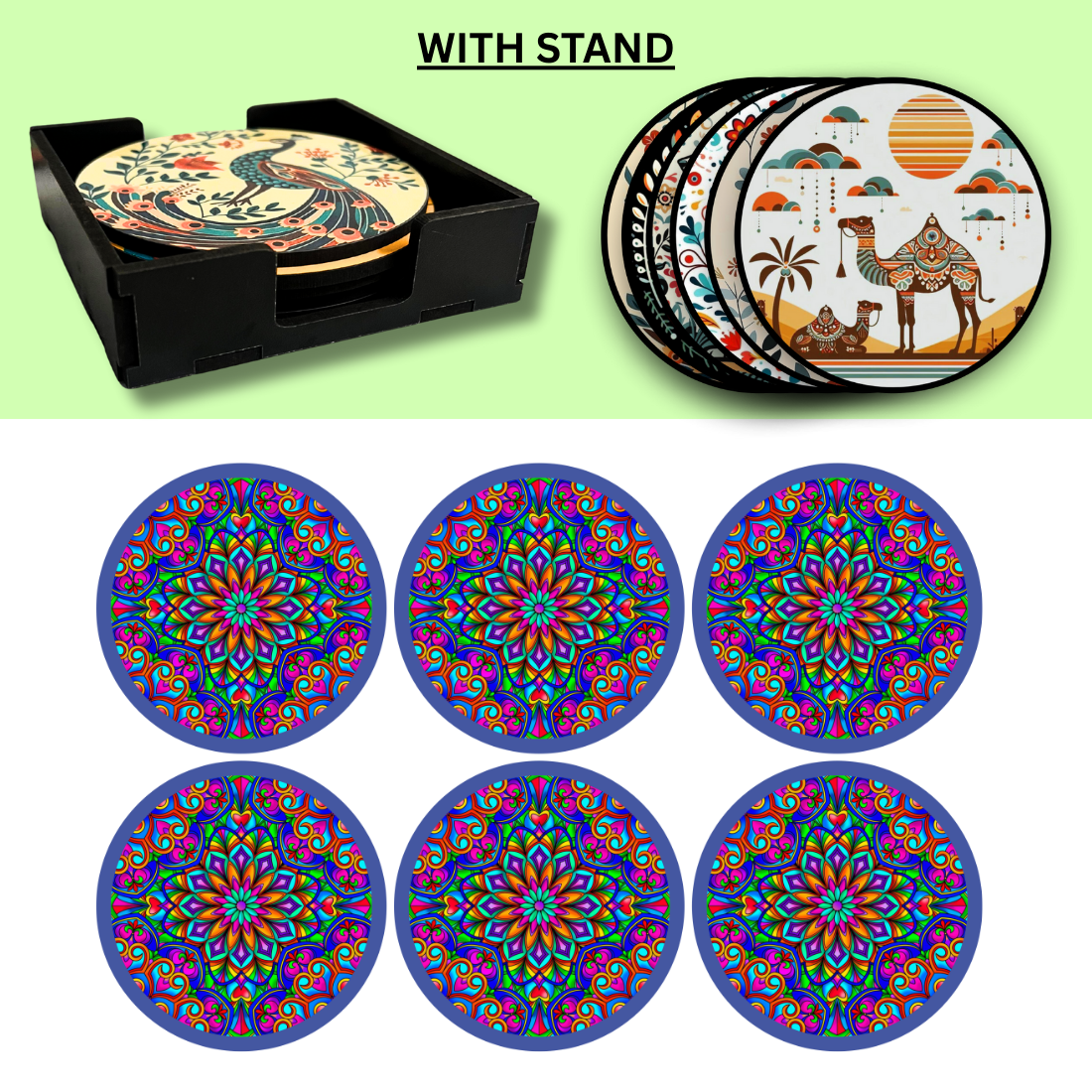 Purple Mandala MDF Printed Coasters Set of 6 with Holder | Waterproof & Durable