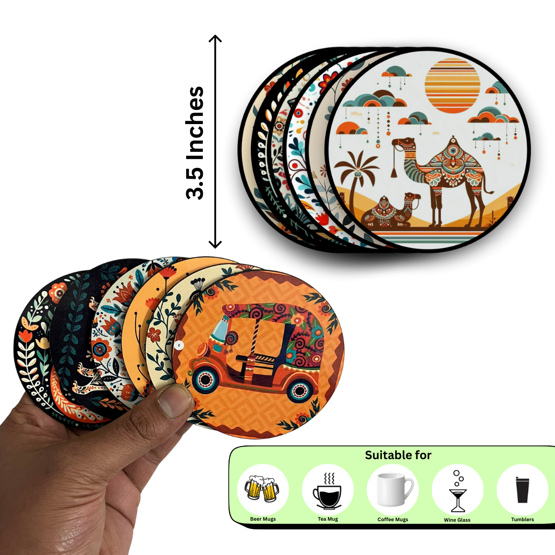 Black Abstract MDF Printed Coasters Set of 6 with Holder | Waterproof & Durable