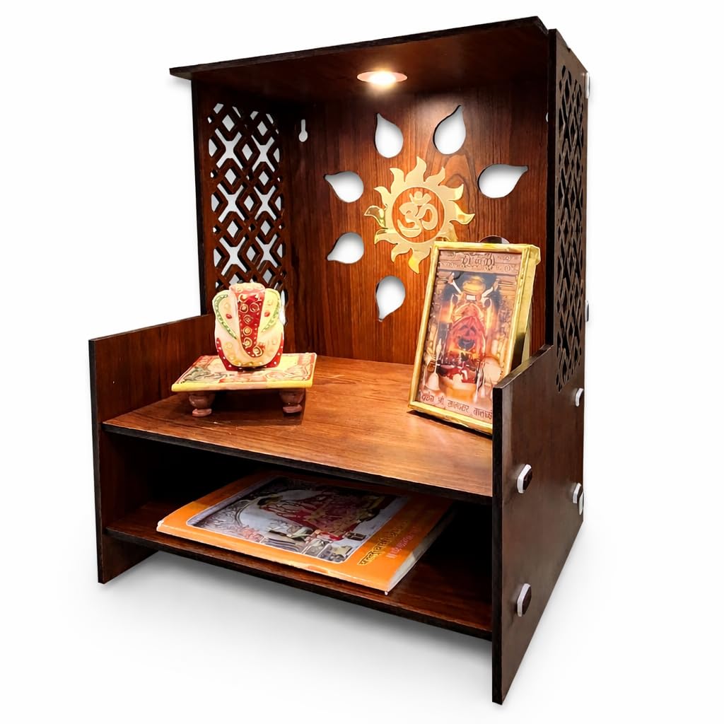 Wooden Temple for Home | Office Pooja Mandir | Pooja Mandir for Home with LED Spot | Wooden Devghar for Home and Office - (Size H-18 W- 11 L-15)