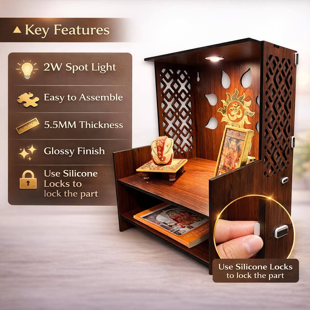 Wooden Temple for Home | Office Pooja Mandir | Pooja Mandir for Home with LED Spot | Wooden Devghar for Home and Office - (Size H-18 W- 11 L-15)