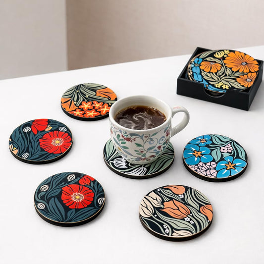 Floral MDF Printed Coasters Set of 6 with Holder | Waterproof & Durable