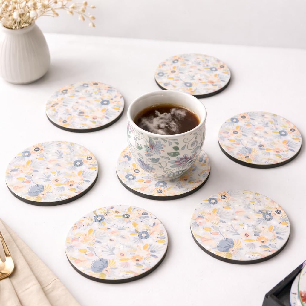 Pastel Blue MDF Printed Coasters Set of 6 with Holder | Waterproof & Durable