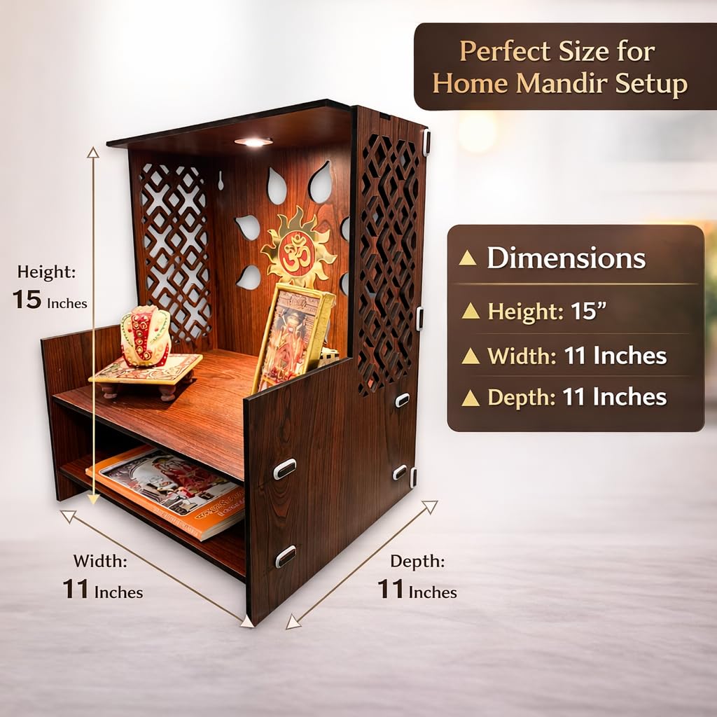 Wooden Temple for Home | Office Pooja Mandir | Pooja Mandir for Home with LED Spot | Wooden Devghar for Home and Office - (Size H-18 W- 11 L-15)