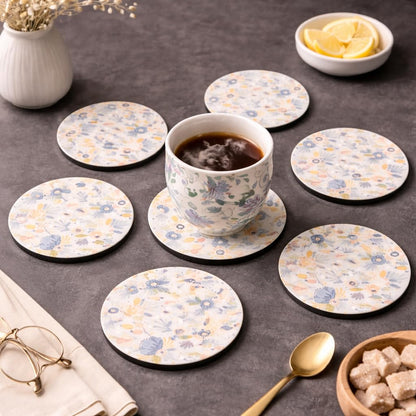 Pastel Blue MDF Printed Coasters Set of 6 with Holder | Waterproof & Durable