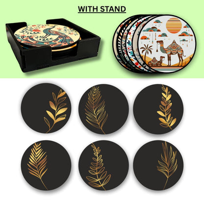 Black Abstract MDF Printed Coasters Set of 6 with Holder | Waterproof & Durable
