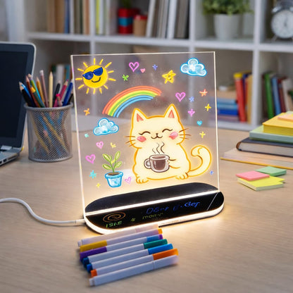 Rewritable Acrylic LED Message Board with Stand | USB Powered Doodle Writing Light Board with 11 Markers