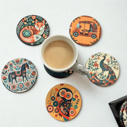 Mandala Animal MDF Printed Coasters Set of 6 with Holder | Waterproof & Durable