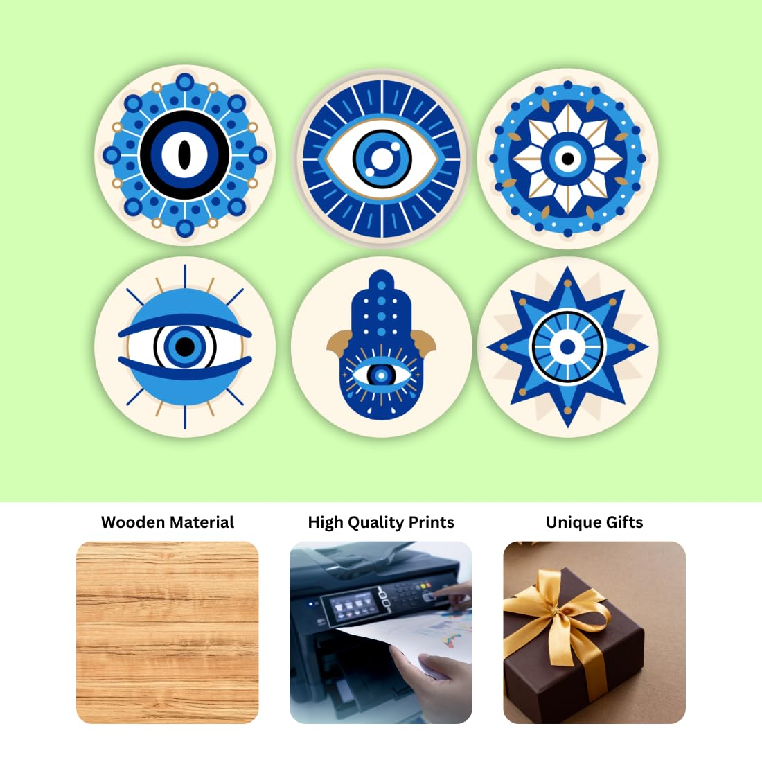 Evil Eyes MDF Printed Coasters Set of 6 with Holder | Waterproof & Durable