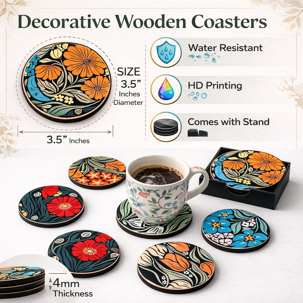 Floral MDF Printed Coasters Set of 6 with Holder | Waterproof & Durable