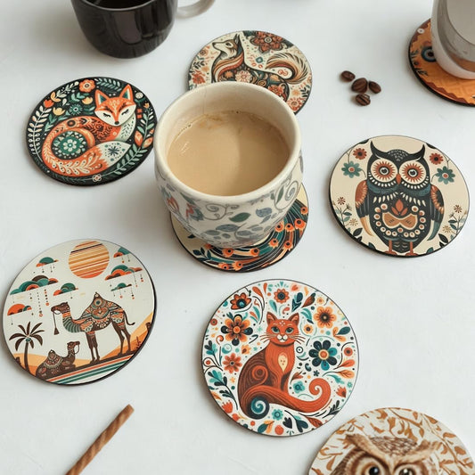 Abstract Animal MDF Printed Coasters Set of 6 with Holder | Waterproof & Durable