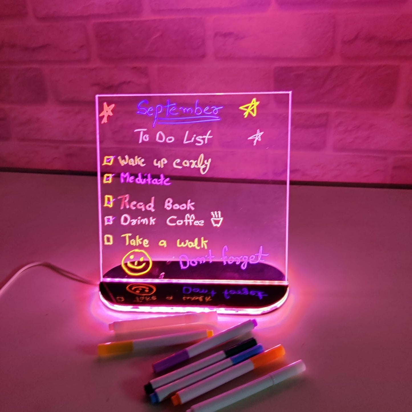 Rewritable Acrylic LED Message Board with Stand | USB Powered Doodle Writing Light Board with 11 Markers