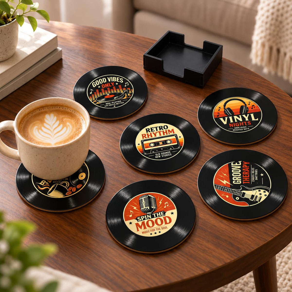 Zesta Vinyl Theme Wooden Coasters – Set of 6 – image 2