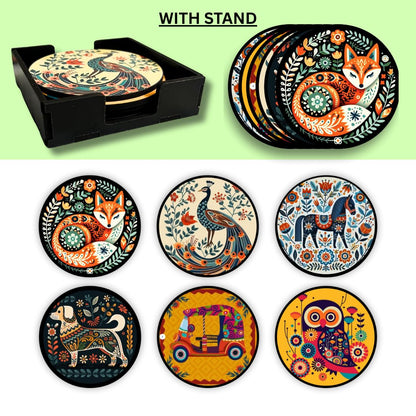 Mandala Animal MDF Printed Coasters Set of 6 with Holder | Waterproof & Durable
