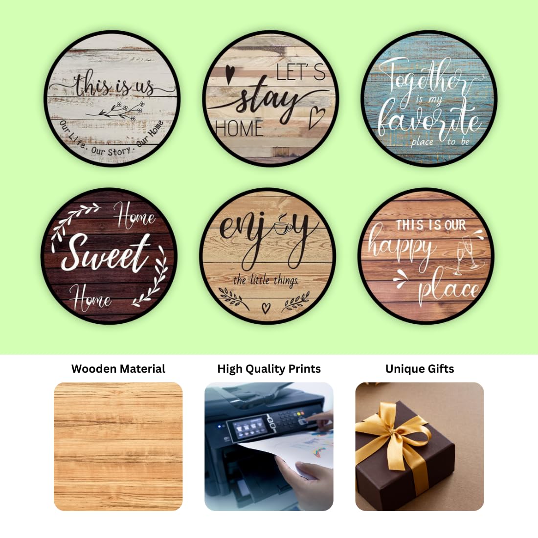 Happy Home MDF Printed Coasters Set of 6 with Holder | Waterproof & Durable