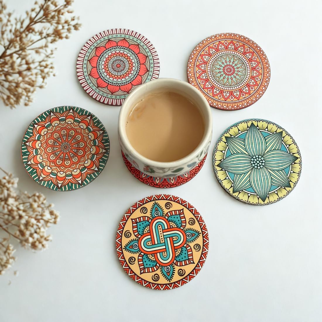 Mandala  MDF Printed Coasters Set of 6 with Holder | Waterproof & Durable