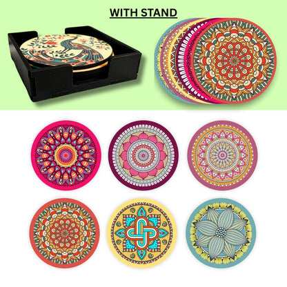 Mandala  MDF Printed Coasters Set of 6 with Holder | Waterproof & Durable