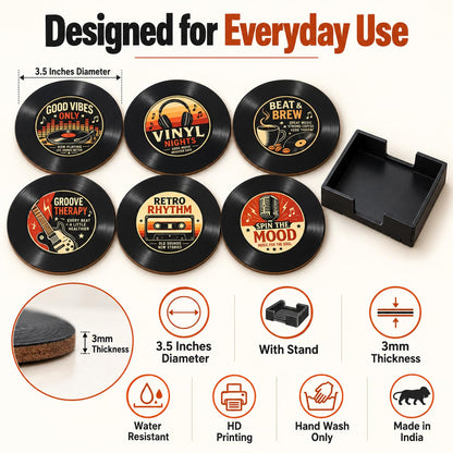 Zesta Vinyl Theme Wooden Coasters – Set of 6 – image 3