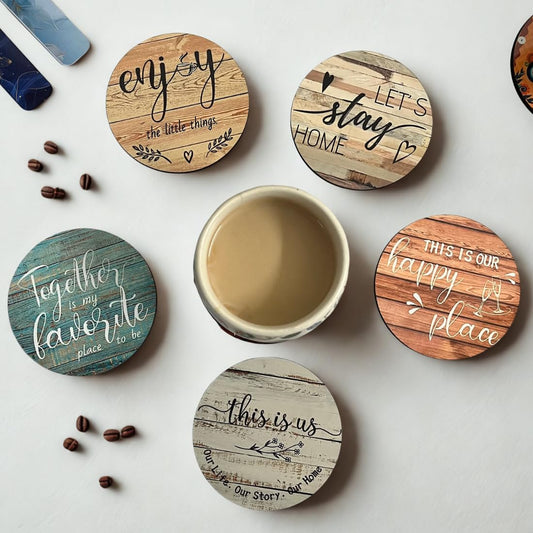 Happy Home MDF Printed Coasters Set of 6 with Holder | Waterproof & Durable