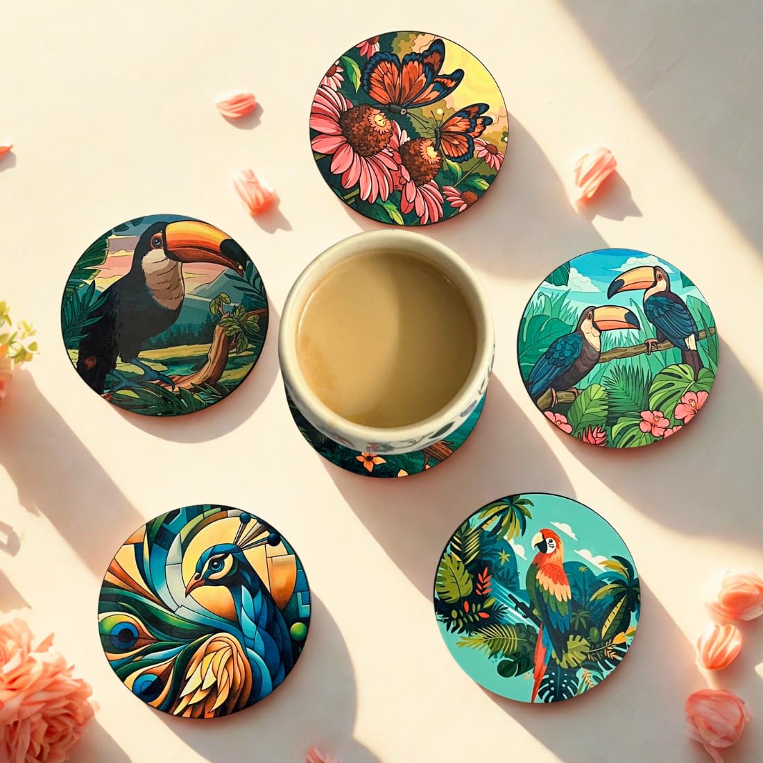 Bird MDF Printed Coasters Set of 6 with Holder | Waterproof & Durable