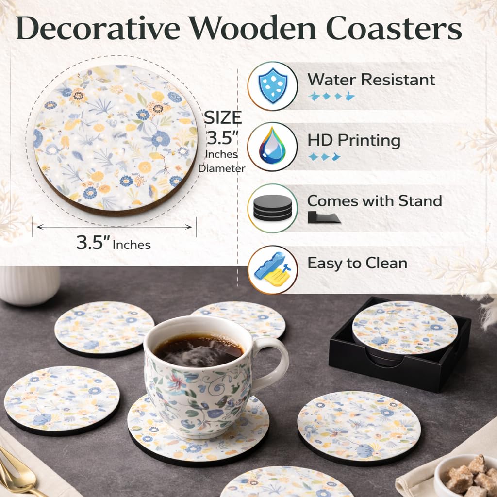 Pastel Blue MDF Printed Coasters Set of 6 with Holder | Waterproof & Durable