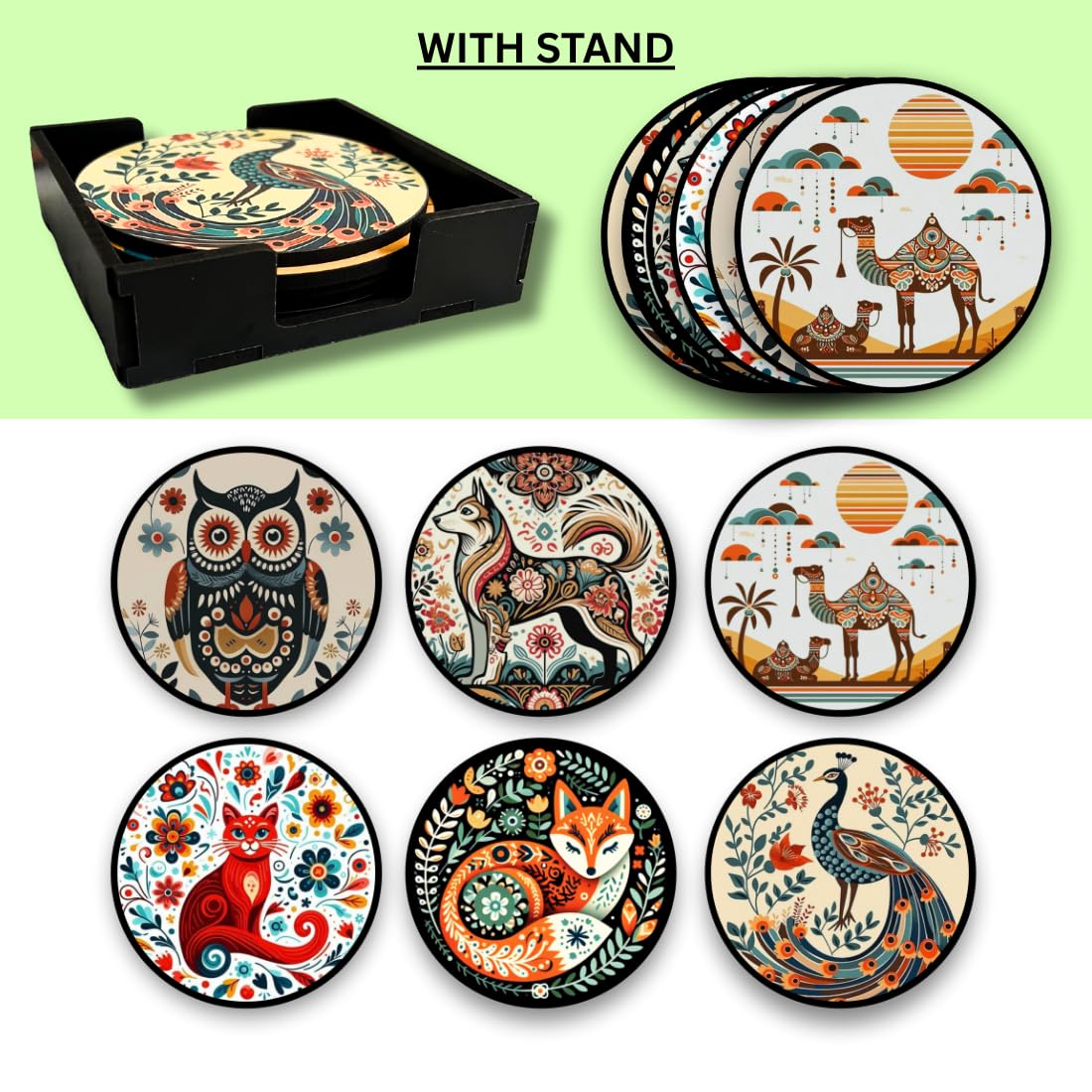 Abstract Animal MDF Printed Coasters Set of 6 with Holder | Waterproof & Durable