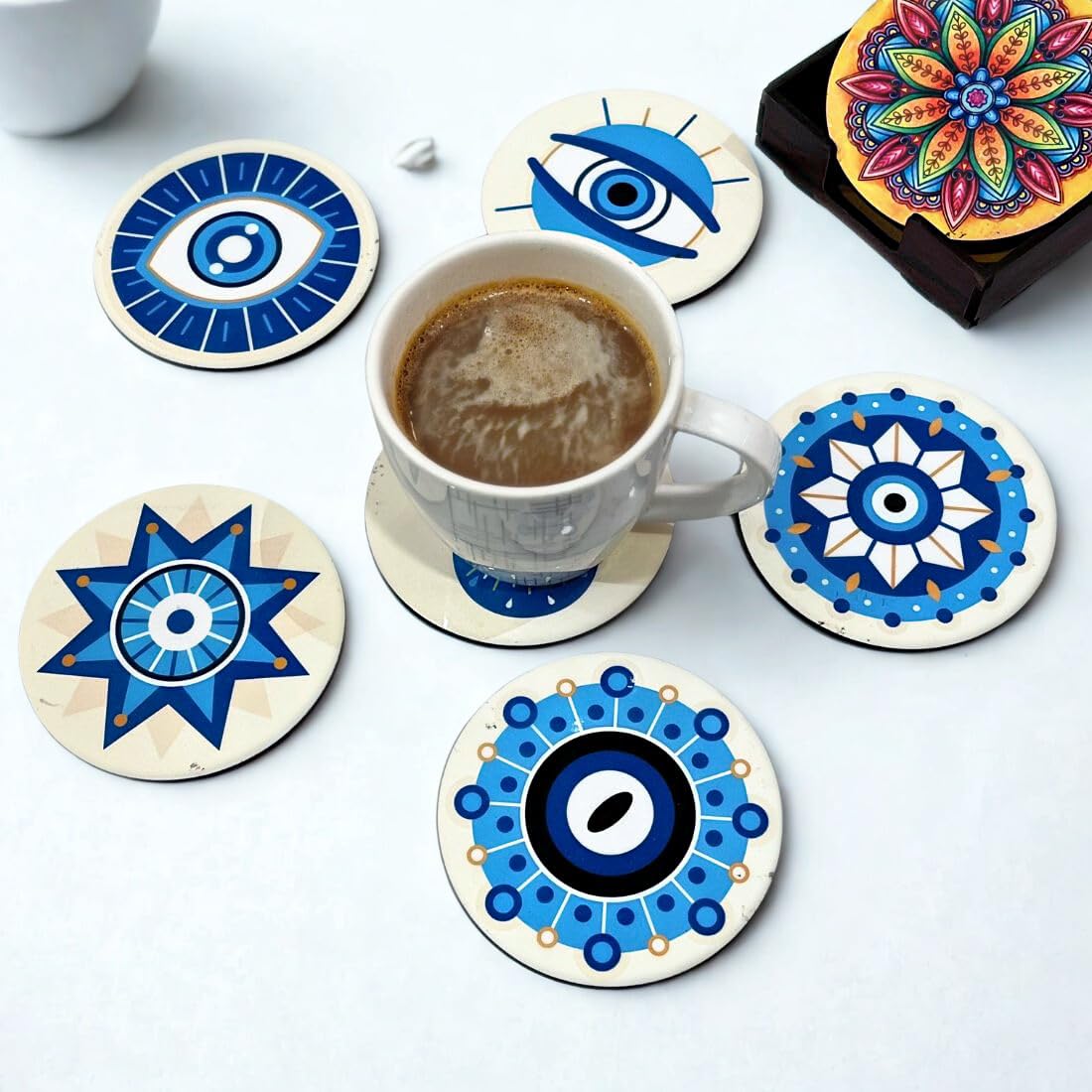 Evil Eyes MDF Printed Coasters Set of 6 with Holder | Waterproof & Durable