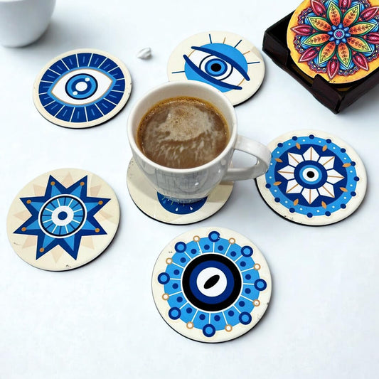 Evil Eyes MDF Printed Coasters Set of 6 with Holder | Waterproof & Durable