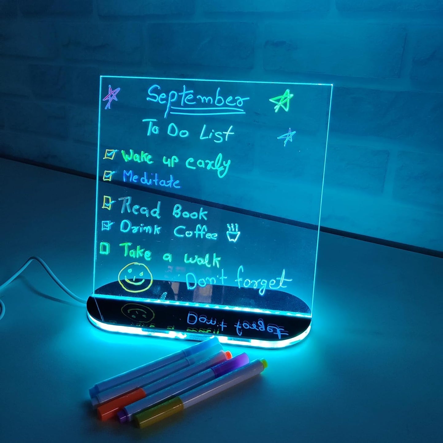Rewritable Acrylic LED Message Board with Stand | USB Powered Doodle Writing Light Board with 11 Markers