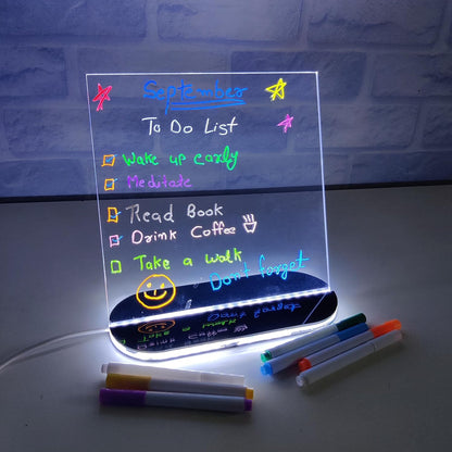 Rewritable Acrylic LED Message Board with Stand | USB Powered Doodle Writing Light Board with 11 Markers