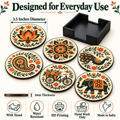 Zesta Rajasthani Theme Wooden Coasters – Set of 6 – image 4