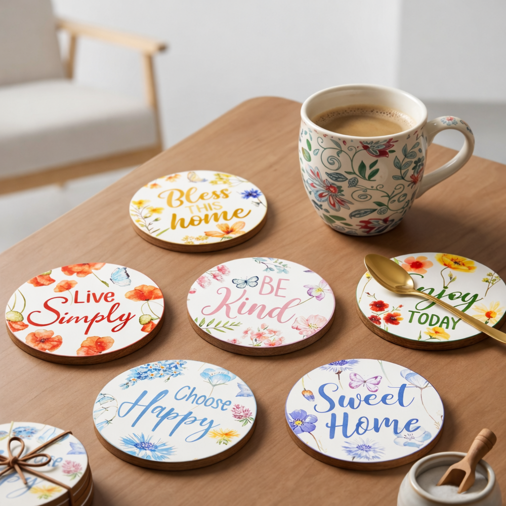 MDF Printed Coasters Set of 6 | Waterproof Drink Coasters with Holder ...
