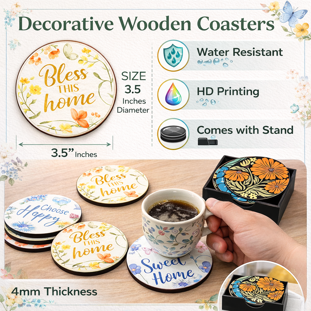 Happy Home MDF Printed Coasters Set of 6 with Holder | Waterproof & Durable
