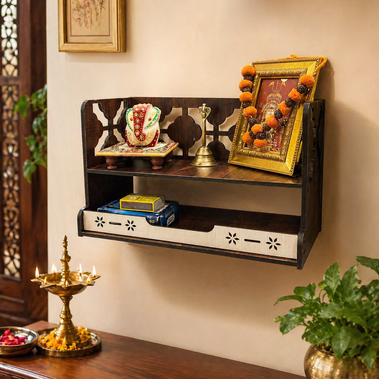 wooden temple for home office pooja close up design detail