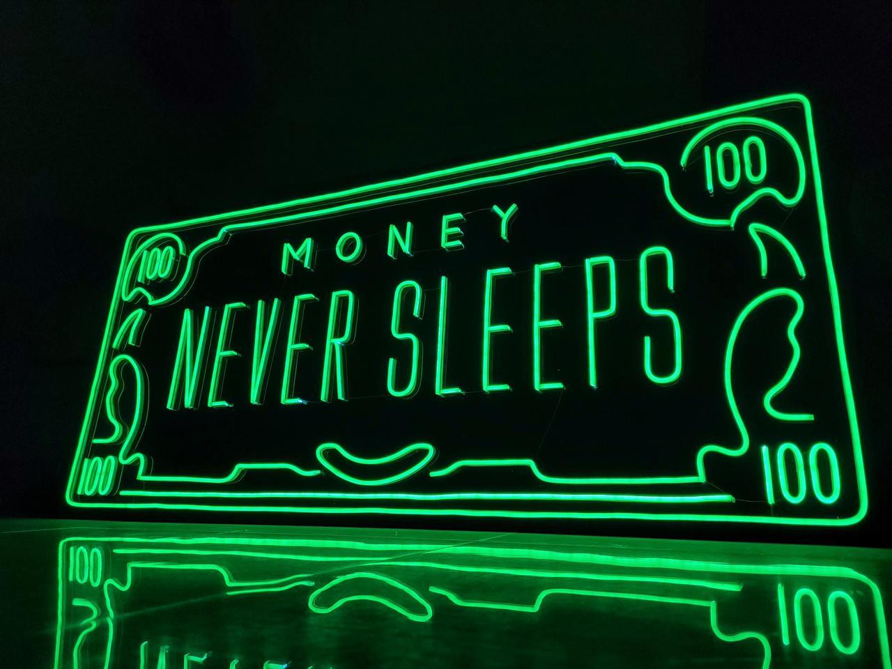Money Never Sleeps Customneon, zesta neon, neon lights, custom neon sign, custom neon lights