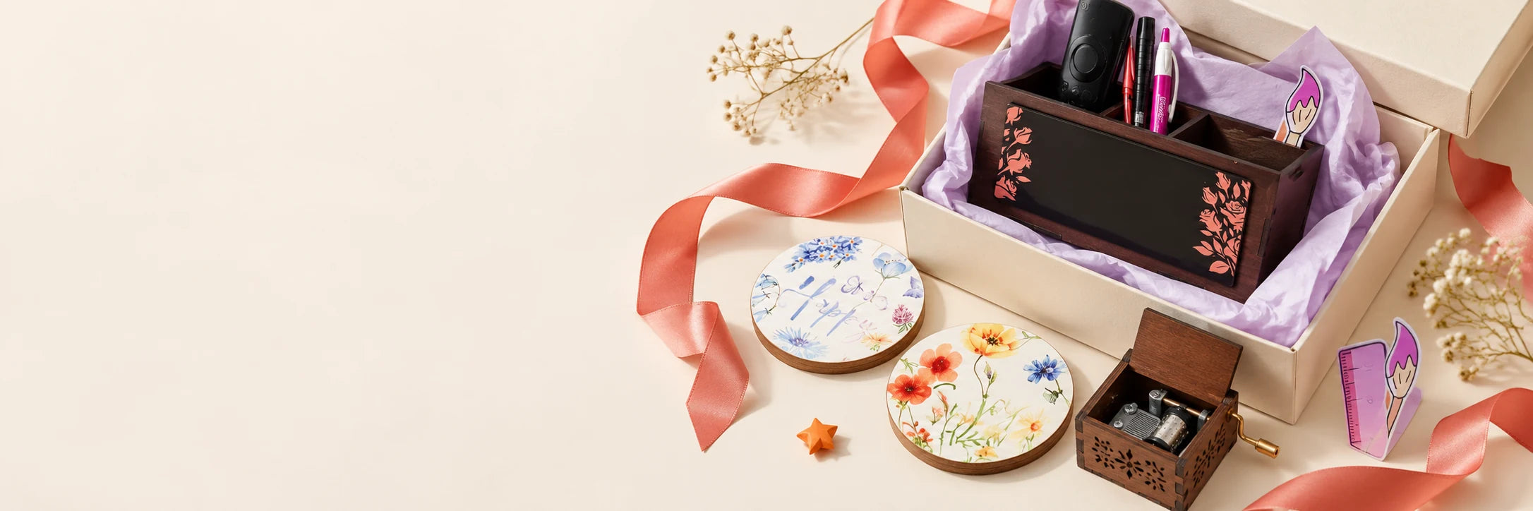 Wooden gifts and stationery styled with ribbons